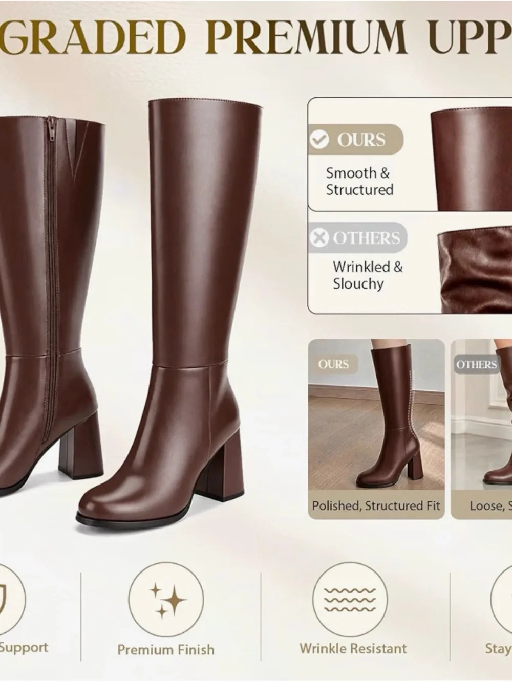 Women's Brown Faux Leather Knee-High Block Heel Boots